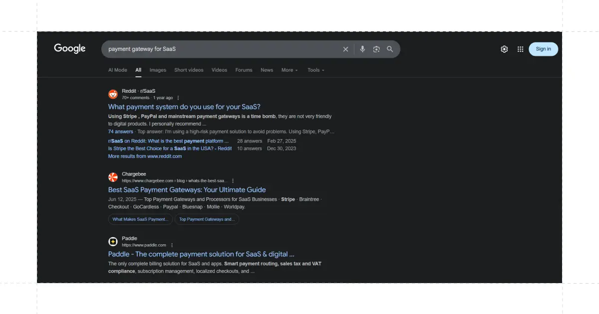 Google SERP results for "payment gateway for SaaS" keyword